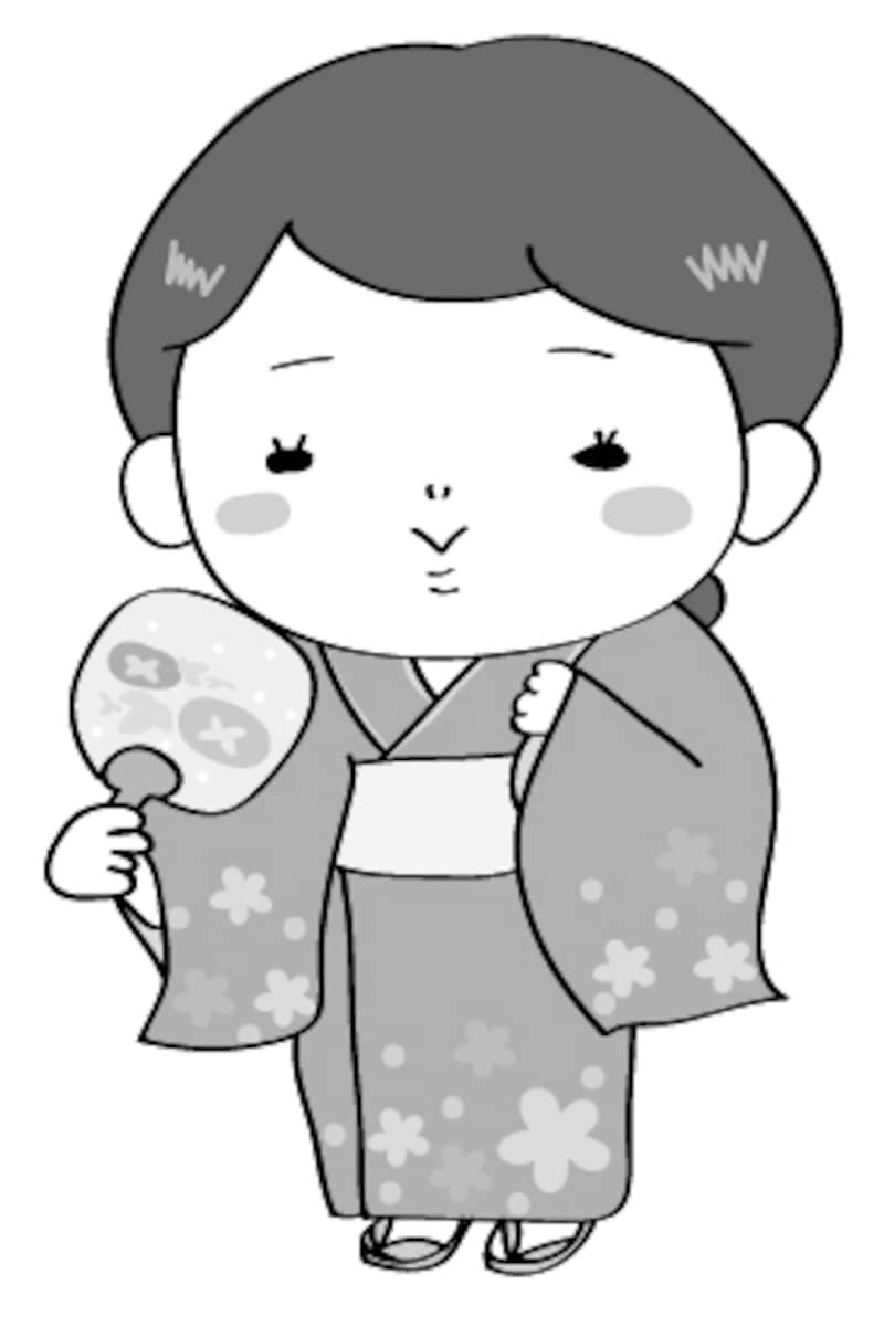浴衣の女性 夏祭り イラスト 白黒 かわいい