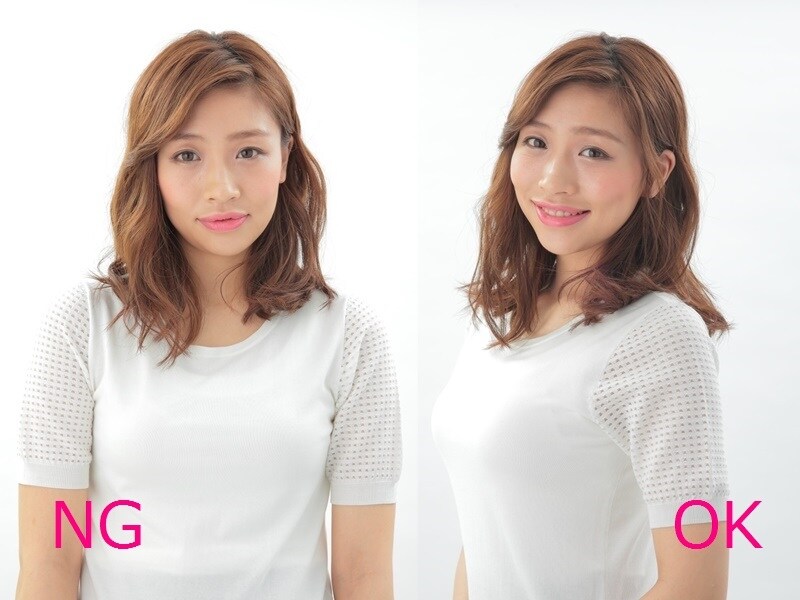 NG：ど正面・猫背　OK：体斜め45度・背筋伸ばし・首傾け