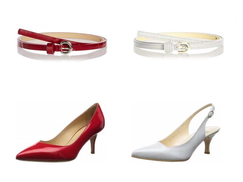 左上：(マルショウ) MARUSHO エナメル カジュアルベルト レディース用 レッド、左下：[ペリーコ] PELLICO パンプス エナメルレッド、右上：(マルショウ) MARUSHO シンプルデザイン カジュアルベルト レディース用 ホワイト、右下：[ナチュラルビューティー] NATURAL BEAUTY バックベルトパンプス ホワイト