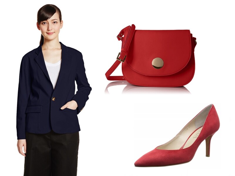 左：(ロペピクニック) ROPE' PICNIC ストレッチスムースジャケット ネイビー、右上：[アナザーエディション] Another Edition ショルダーバッグ レッド、右下：[モードエジャコモメダ] MODE ET JACOMO MEDA パンプスVカットポインテッド レッドスエード