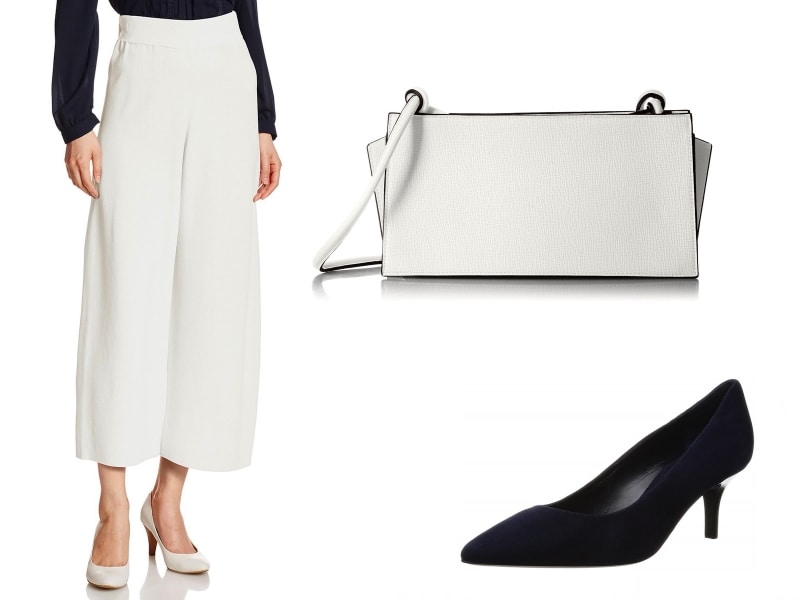 左：(ダブルスタンダードクロージング)DOUBLE STANDARD CLOTHING ニットフレアーパンツ オフホワイト、右上：[ラグナムーン] LAGUNAMOON フォルムチューブショルダーバッグ  ホワイト、右下：[ファビオルスコーニ] Fabio Rusconi ポインテッドプレーンパンプス ネイビー