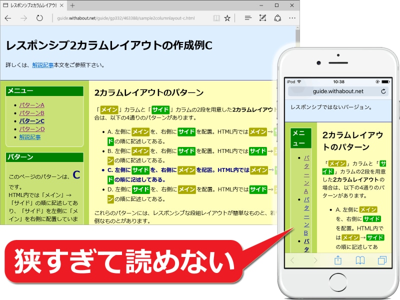 狭い画面でも2カラムレイアウト(2段組構造)を構成したままだと、読みにくくなってしまう