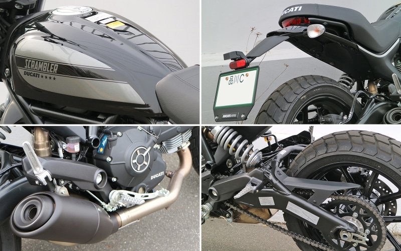 タンクプレートの有無、ナンバーステー、エキゾーストの形状、スイングアームのデザインなどが803ccと異なるSixty2のディテール