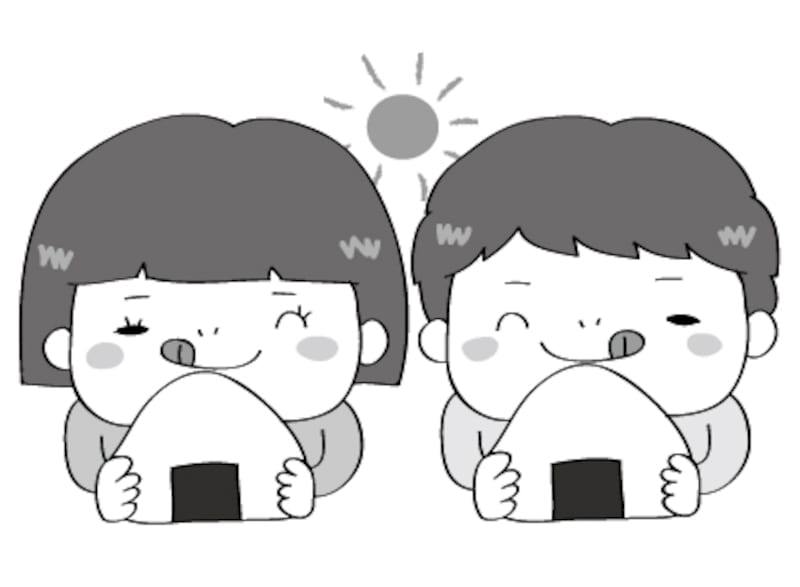 おにぎりを持つこども 遠足 イラスト 白黒 かわいい