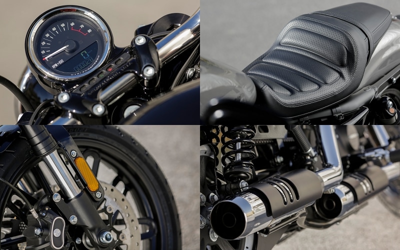 専用デジタルメーターにガンファイターシート、43mm倒立フロントフォーク、個性的なエキゾーストと他のスポーツスターモデルとは一味違うグレードに