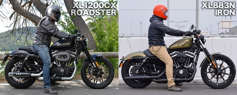 XL883N アイアン883とのライディングフォーム比較。背筋が伸びてシートに座り込んでいるアイアンに対し、リアが18インチ化して持ち上がっているロードスターはやや前屈気味に