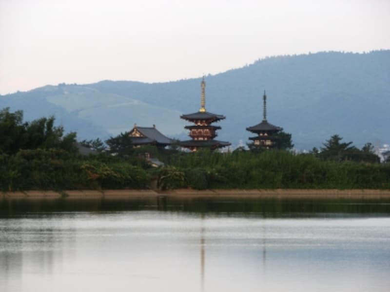 薬師寺の南西に広がる大池の反対岸からは、金堂・西塔・東塔が建ち並ぶ姿をきれいに撮影できる(2007年9月撮影)