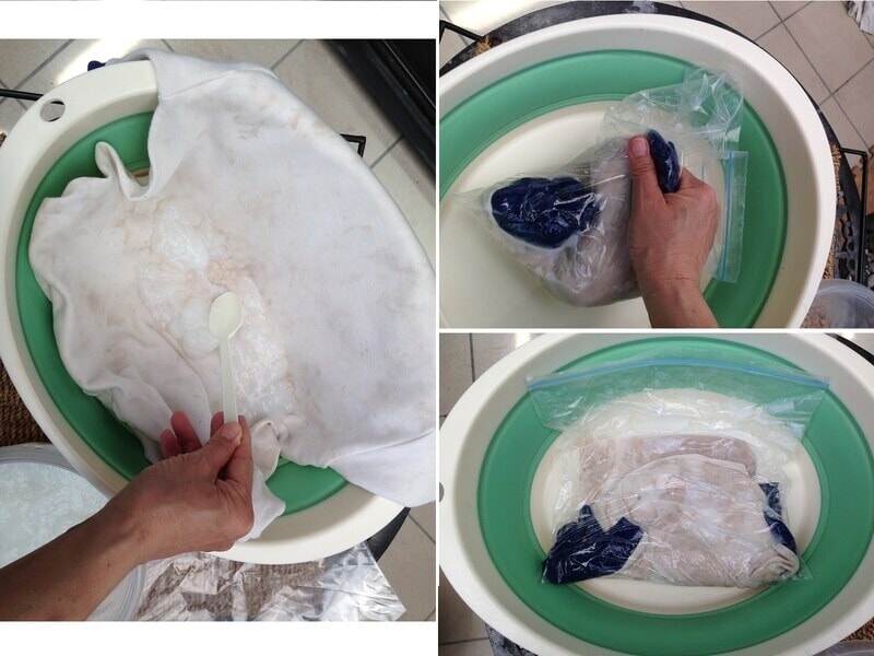 左のようにとろとろ石鹸をたっぷりかけて、(右上)密封袋に入れてもみもみ。(右下)放置!