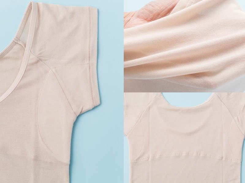 フレンチスリーブタイプの汗取りインナーのパッドの形と、素材。