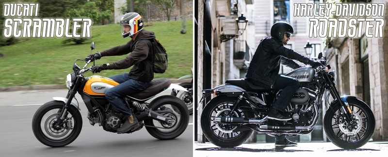 ドゥカティ スクランブラー（左）やハーレー ロードスターは最旬のストリートモデルだ