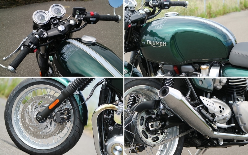 往年の英車そのままのフューエルタンク、セパレートハンドル&バックステップ、スポークホイール、メガホンマフラーなどなど、造形へのこだわりを随所に見せるスラクストン