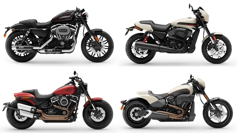 ロードスター(左上)、ストリートロッド(右上)、ファットボブ(左下)、FXDR114(右下)と、ハーレーのなかでもレーシーなDNAを受け継ぐモデルたち。