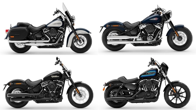 ハーレーダビッドソンの古き良き伝統を受け継ぐ、ヘリテイジ(左上)、ソフテイルスリム(右上)、ストリートボブ(左下)、アイアン1200(右下)が並ぶ。