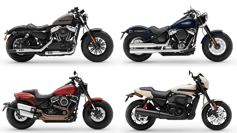 土の匂いを漂わせるようなストリートシーンによく似合うのが、フォーティーエイト(左上)やソフテイルスリム(右上)、ファットボブ(左下)、ストリートロッド(右下)などだろうか。