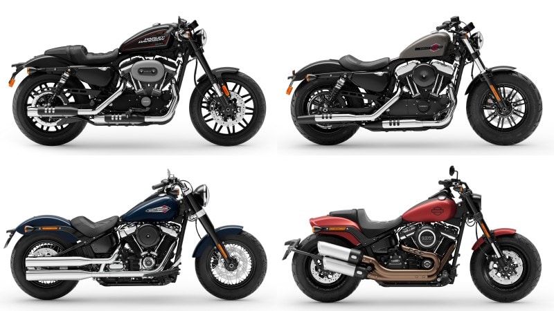 クラシックテイストのレーサースタイル……となれば、ロードスター(左上)を筆頭に、フォーティーエイト(右上)、ソフテイルスリム(左下)、ファットボブ(右下)が浮かび上がってくる。