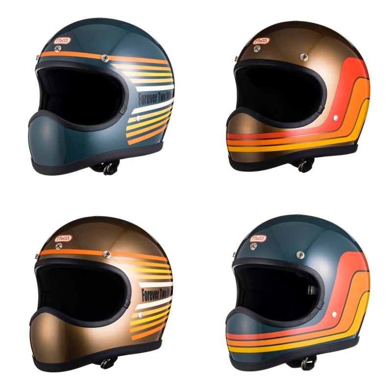 TT&カンパニーの新作フルフェイス「トゥーカッター」をベースに、1970年代のレインボーデザインやラインデザインを取り入れた4カラーが揃った。