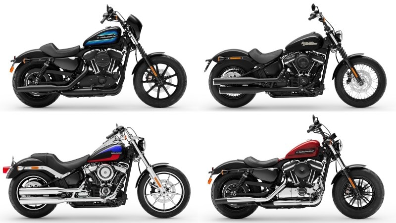 ヘルメットデザインのキーワードから自ずと導き出されるのが、アイアン1200(左上)、ストリートボブ(右上)、ローライダー(左下)、フォーティーエイトスペシャル(右下)だろう。