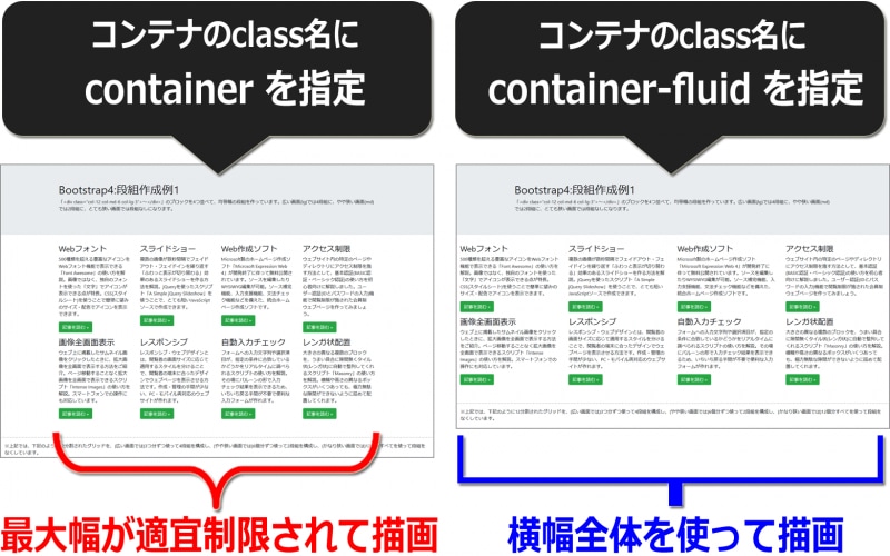 Bootstrap4で外側を囲むコンテナのclass名2種類の違い