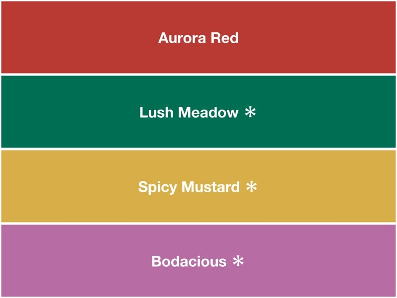オーロラ・レッド、ラッシュ・メドウ、スパイシー・マスタード、ボゥデイシャス