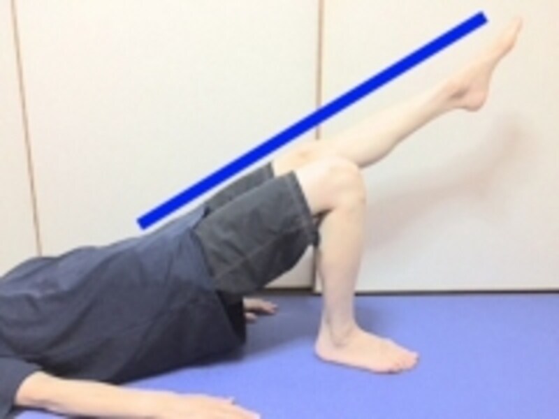 体と足のつま先が真っ直ぐなラインになるように下肢をキープします