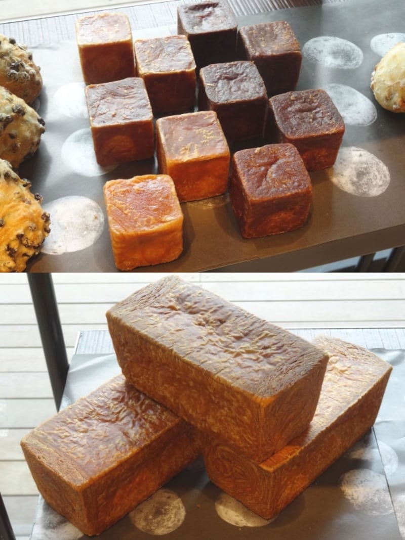 「ラ・プレシューズ 紀尾井町店」で買える「デュヌ・ラルテ」のパン、「六転(むつころ)キュブベー」と「六転・黒undefinedキュブセー」(各税別115円)、「伽分(きゃふん)undefinedブール」(税別550円)