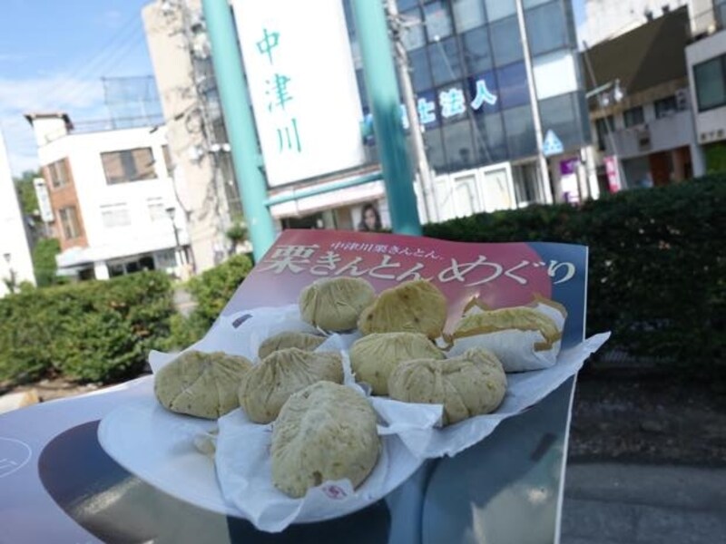 中津川・栗きんとんめぐり公式マップを見ながら。14店全てを回るには徒歩と車でも１時間半ほどかかりますが、10店ほどなら歩いて30分もあれば廻れます