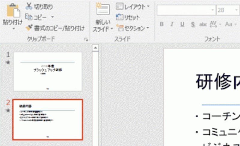 うっかり2枚目の目次のスライドを削除してしまった。「Ctrl」+「Z」キーを押すと・・・。