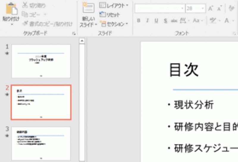直前に削除した2枚目の目次のスライドを再表示できた。