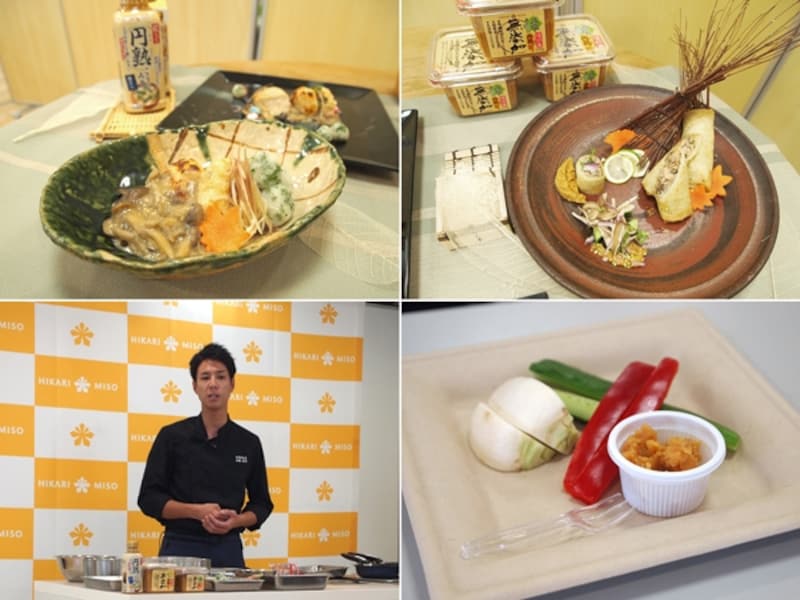 （左上から時計回りに、ちぎり豆腐のハンバーグ 円熟みそソース、みそ秋巻き、 無添加 円熟こうじみその野菜ディップ、料理研究家の高橋善郎さん）