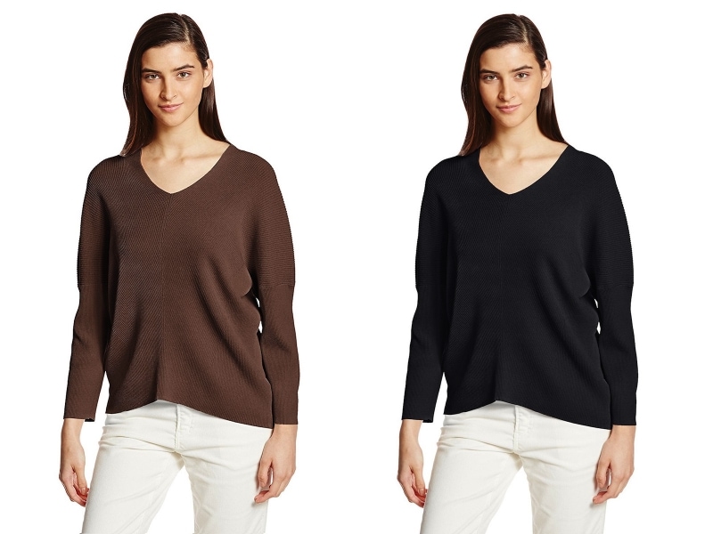 左から、ラストブラウンとダークネイビーundefined(グーコミューン)GOUT COMMUN レーヨンナイロン両Vリブニットundefined