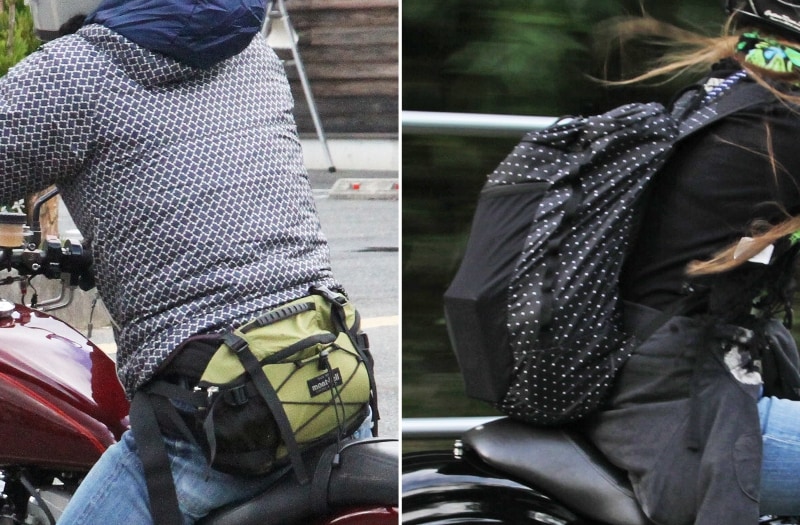 リュックタイプは積載に秀でる一方、ライディング時の肩への負担が大きい。腰に装着するポーチは操作性を邪魔せず、ちょうどいいバッグだと言える