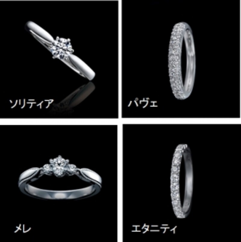 リングのタイプ:左上から時計回りにリングの真ん中に石を1つだけ施した「ソリティア」、小さな石をぎっしりとリングに敷き詰めた「パヴェ」、同じサイズの石をリング全周または半周敷き詰めた「エタニティ」、小さな石が中央の石の周囲に施された「メレ」