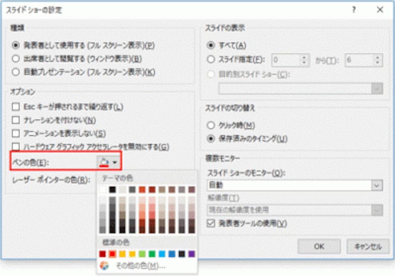 赤のペンでは目立たない場合もある。ペンの色は、スライドに適用しているテーマの色によって事前に変更しておこう。