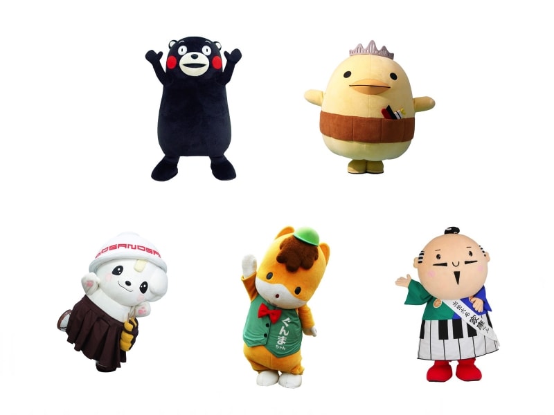 歴代グランプリに選ばれたゆるきゃらたち。上段左から、くまモン、いまばり バリィさん、下段左から、さのまる、ぐんまちゃん、出世大名家康くん