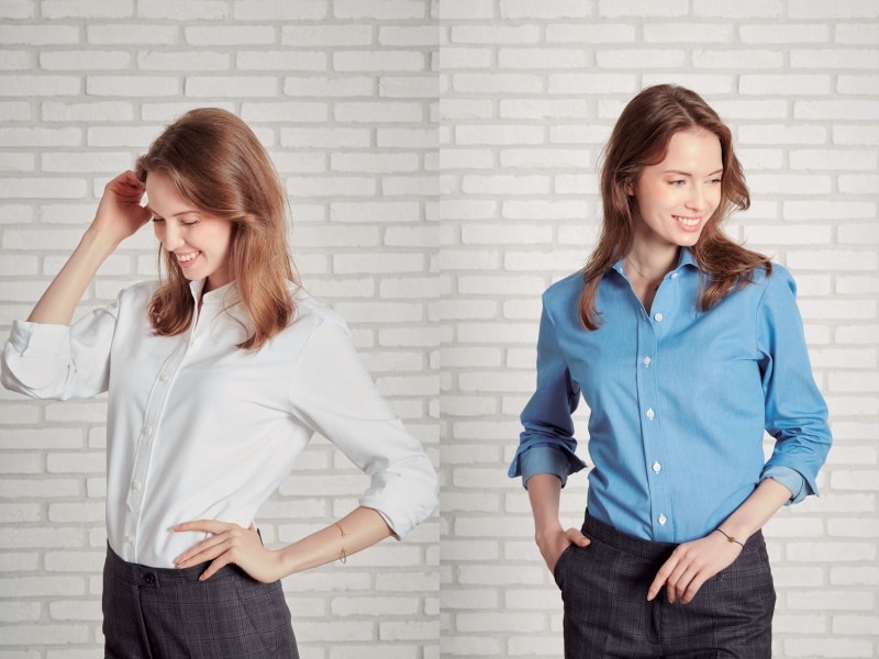 ブラウスのボタンは1~2個あけて、袖まくりしてもOKundefined画像提供:HANABISHI