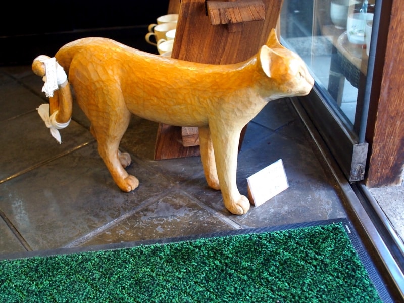 お店の中から外を見ている