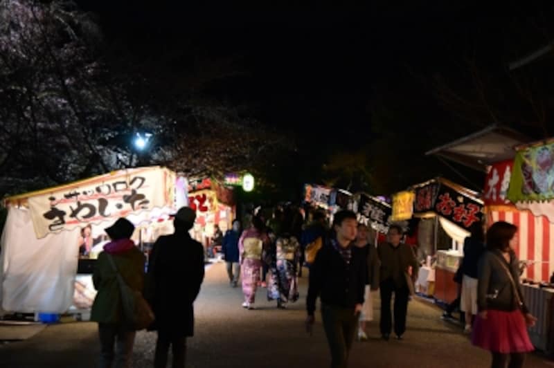 桜の見頃の時期は公園内に夜店も立つ