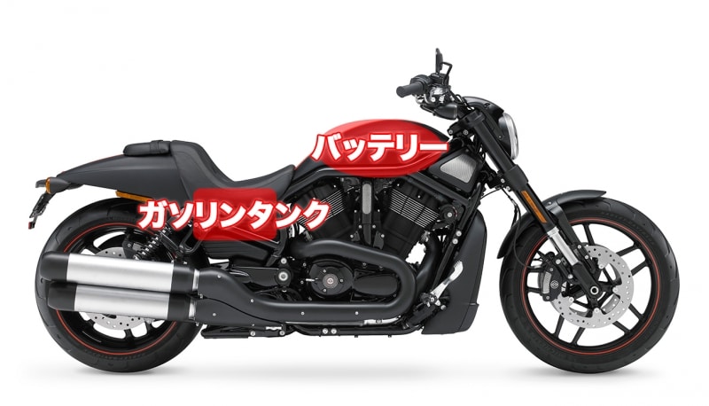 オーソドックスなオートバイと異なり、ガソリンタンクとバッテリーの位置が逆転しているのがVロッドの特徴だ