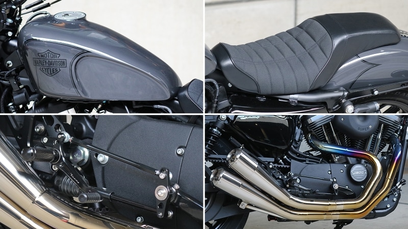 トランプ オリジナルのフルチタンマフラーにバックステップ、シートを備え、さらにタンクをローマウント加工しレーシーなシルエットを実現