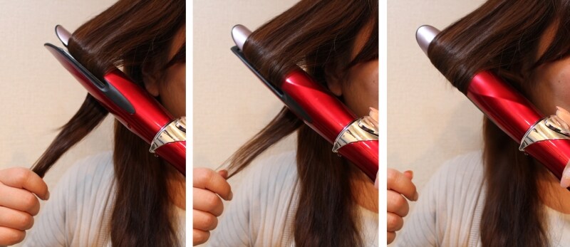 内側に巻かれる方向にスイッチをスライドさせると、安定したスピードで髪が巻き込まれていきます。ここで3～4秒キープし、本体を抜き取ります