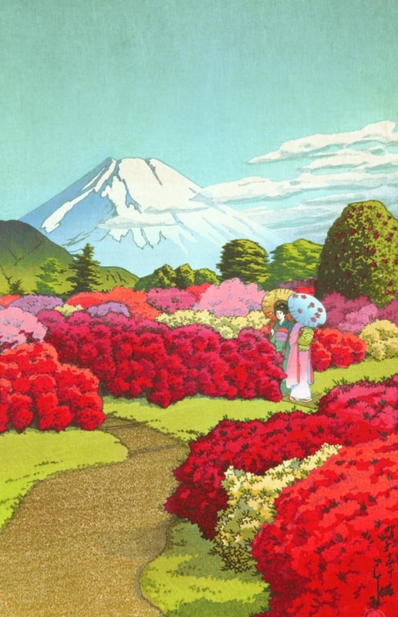 つつじ庭に遊ぶ二美人(川瀬巴水)