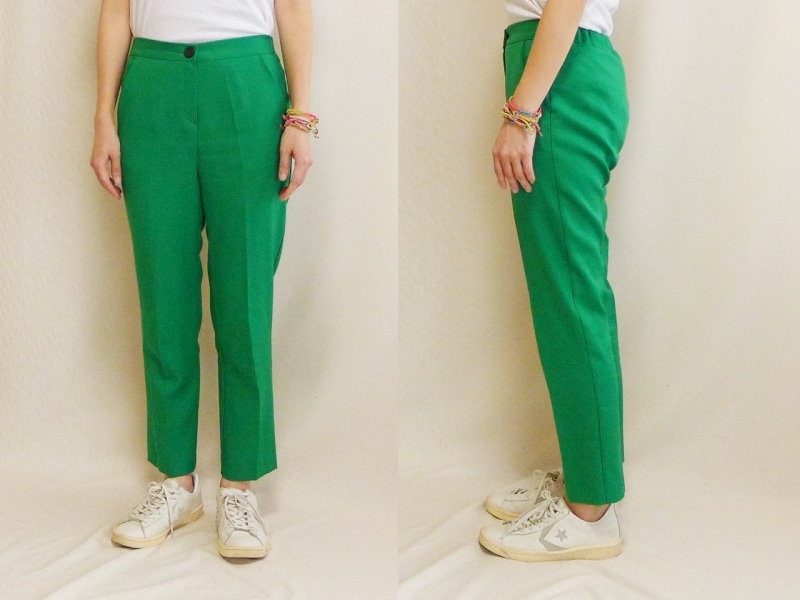 やや細身のシルエットだからグリーンが上品に見える、完食のグリーンはビビットカラーの中でも一番コーディネートがしやすい