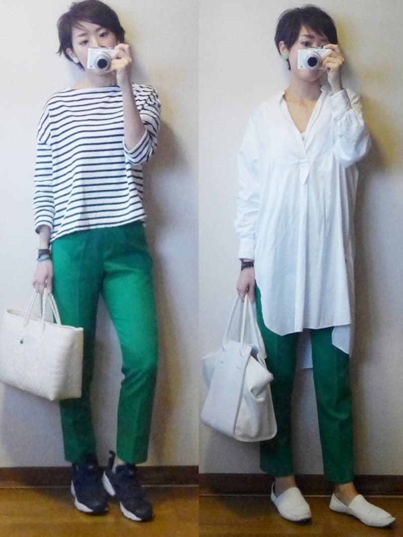 ボーダートップスやシャツワンピースなどベーシックなデザイントップスでボトムスの主張を中和します。