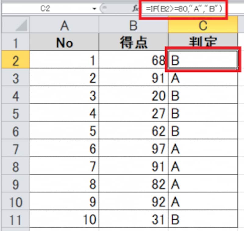 C2セルに「=IF(B2>=80,"A","B")」と入力した結果