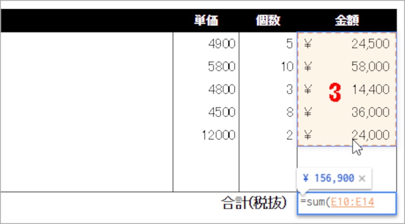 3.セルE10からセルE14までをドラッグして、合計する範囲を選択します。