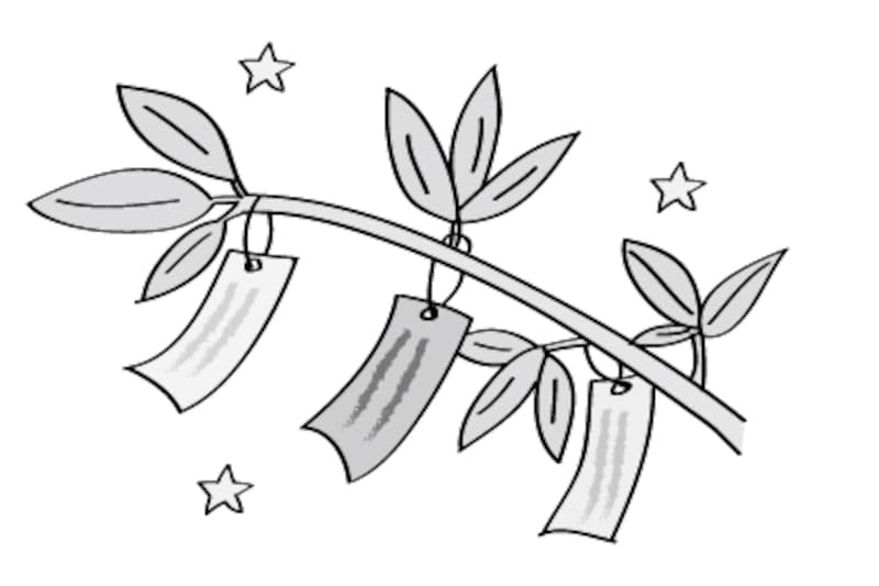 笹と短冊　七夕　イラスト　白黒　かわいい