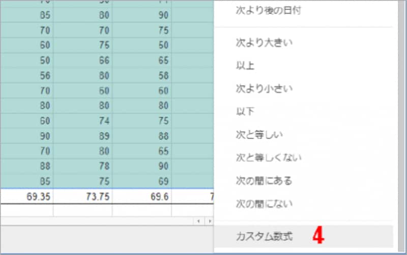4.条件の一覧が表示されたら［カスタム数式］を選択します