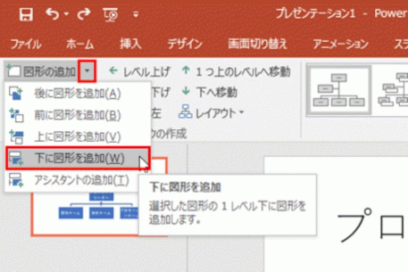 「下に図形を追加」を選ぶと、部下に相当する図形を追加できる。