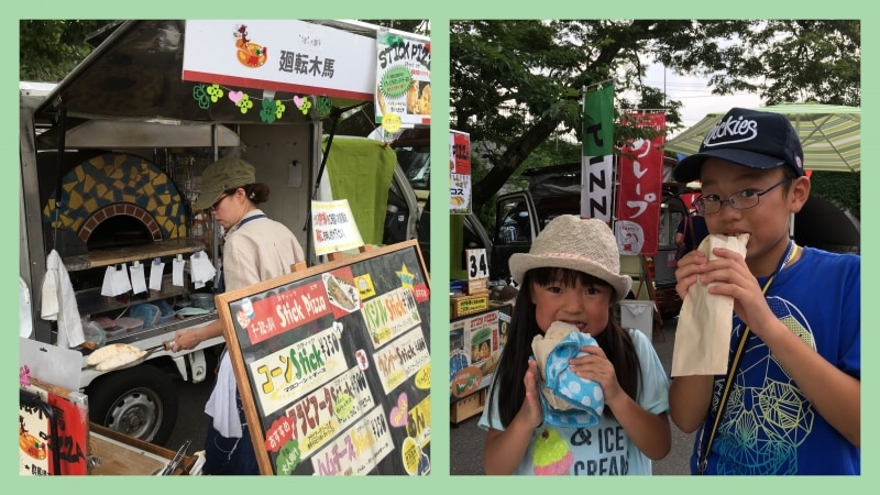 スティックピザが大人気 (写真左)、ハムチーズのピザが大好きな 良太くんと綾乃ちゃん (写真右)