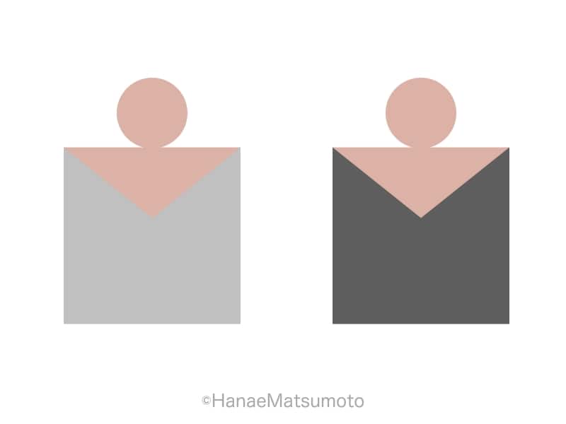明度対比の例：肌色は全く同じですが、明るいグレーと組み合わせると暗く、暗いグレーと組み合わせると明るく見えます。